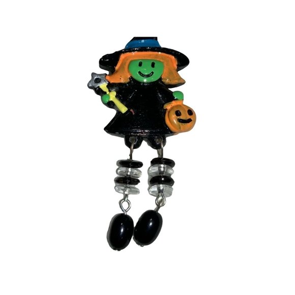 Halloween Witch Pin Brooch- Dangling Beaded Legs - Picture 3 of 6